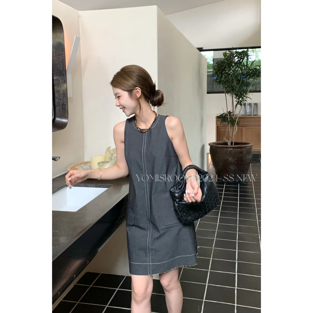 YOMI小个子定制【伦敦旧港】复古时尚简约设计感A字牛仔连衣裙