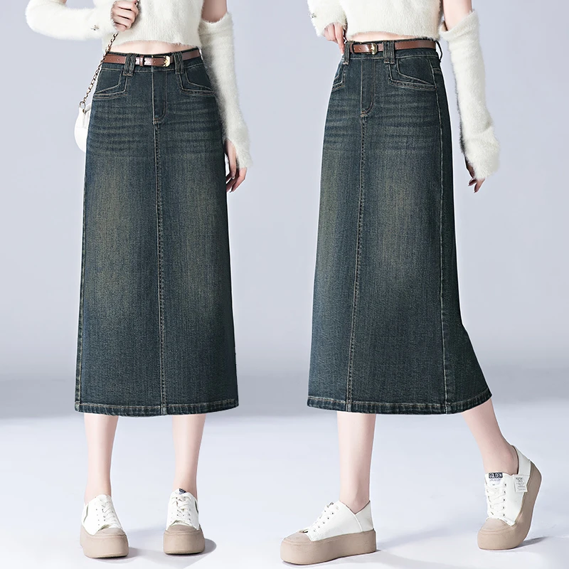 复古牛仔半身裙女春秋2025年新款高腰a字中长裙后开叉一步包臀裙