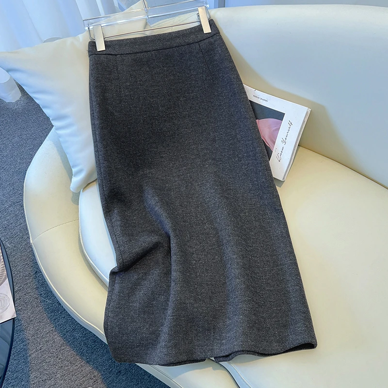黑灰色毛呢直筒裙女秋冬季2025新款通勤高级感中长裙包臀半身裙