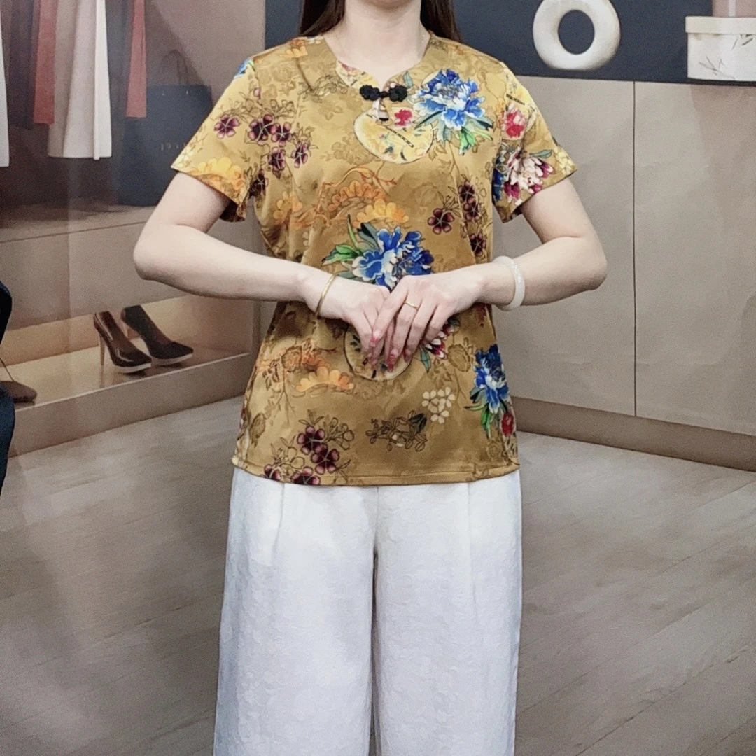 （黄底蓝花）秋季新款短袖T桖大码显瘦洋气减龄时尚妈妈装休闲女装