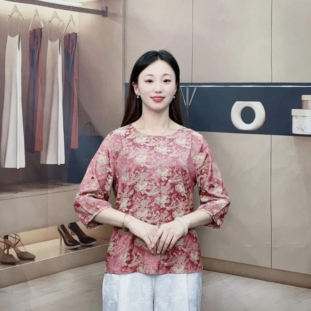 （红霞满天）秋季新款7份袖T桖大码显瘦洋气减龄时尚妈妈装休闲女装