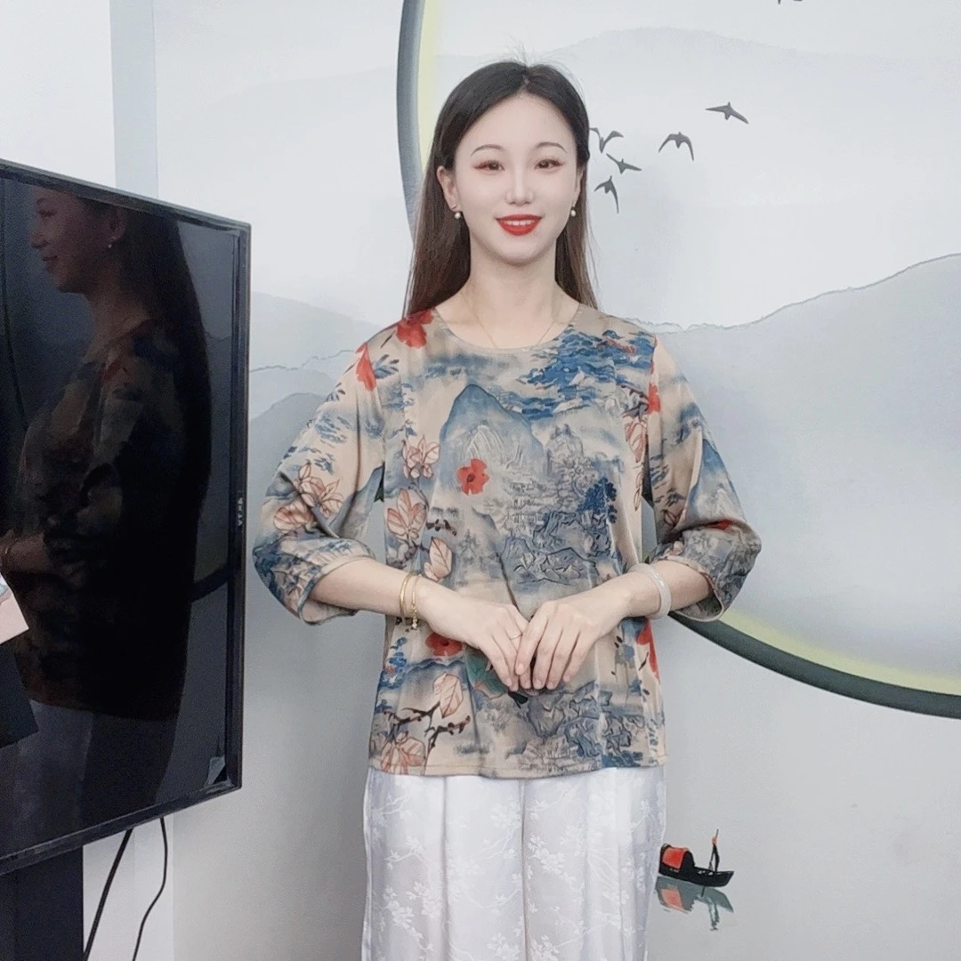 （水墨青山）秋季新款7分袖大码显瘦洋气减龄时尚妈妈装休闲女装