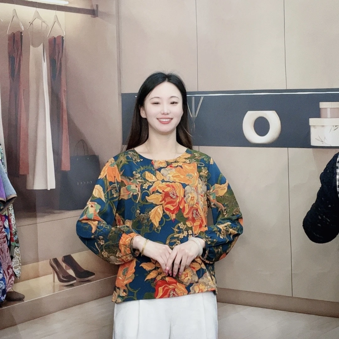 （蓝底菊花）秋季新款长袖大码显瘦洋气减龄时尚妈妈装休闲女装