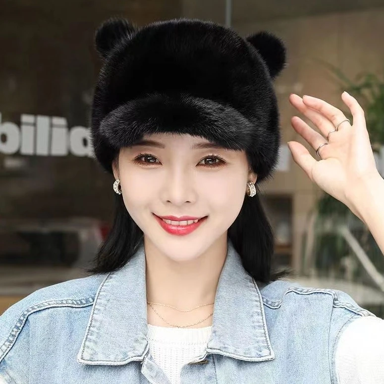 时尚可爱拼貂貂毛耳朵帽子
