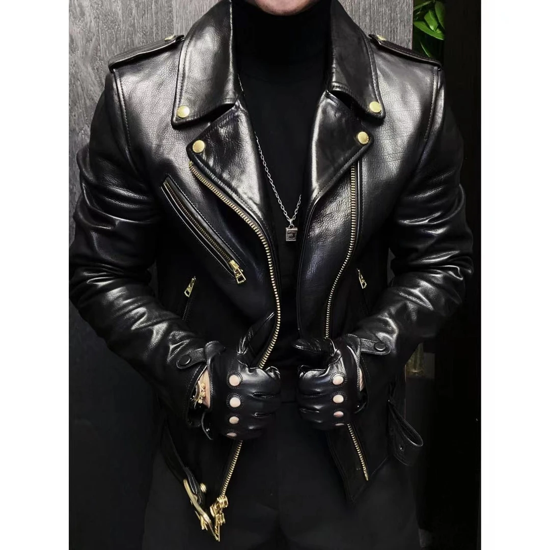 PIZHAN/皮展2117皮展高定 “绿魔”牛皮机车翻领真皮皮衣夹克男外套