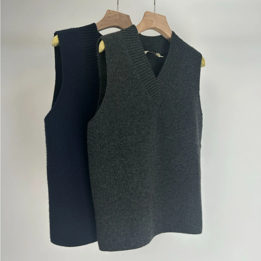 TinaKV领全羊毛针织马甲气质蓝色时尚休闲百搭女士羊绒MJ224054