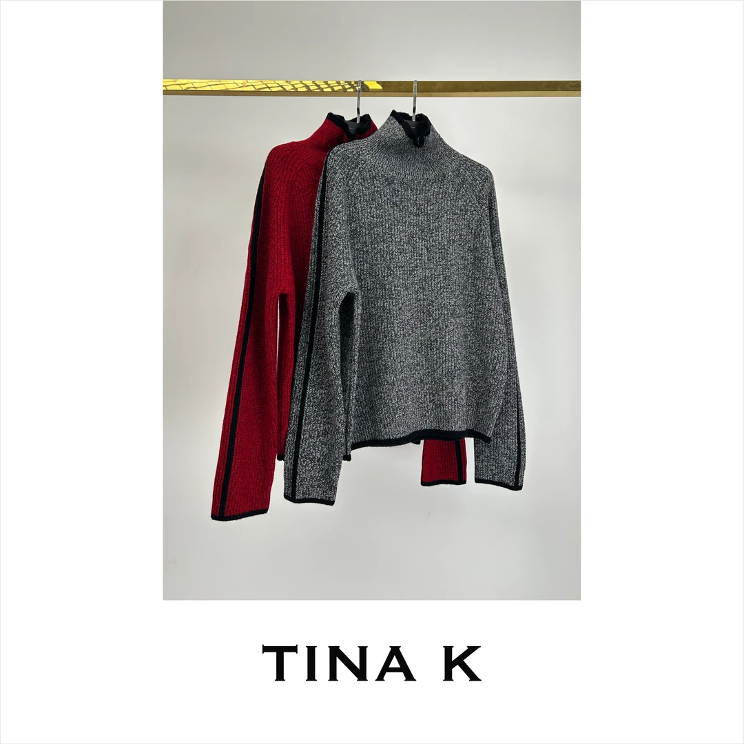 TinaK韩系嵌条高领毛衫气质长袖针织轻奢时尚女士百搭ZZ224038