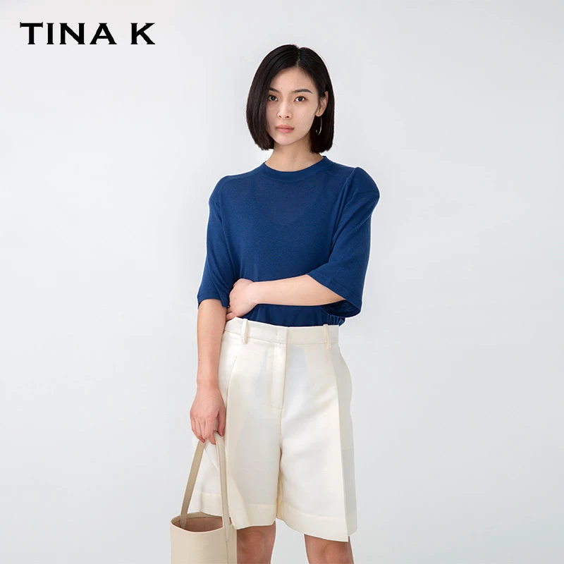 TinaK 夏季薄款天丝T恤美丽诺羊毛内搭圆领简约 MS00025