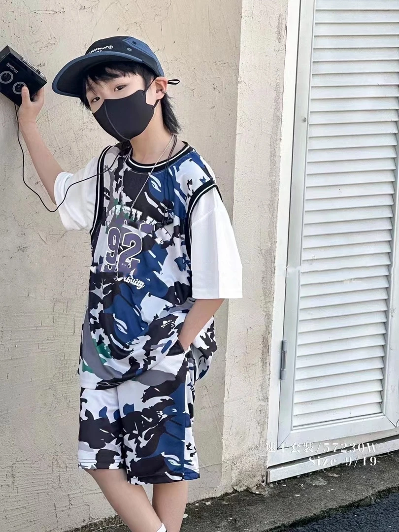 中大童2024夏季新款童57230男女童休闲时尚百搭速干蓝球夏款套装