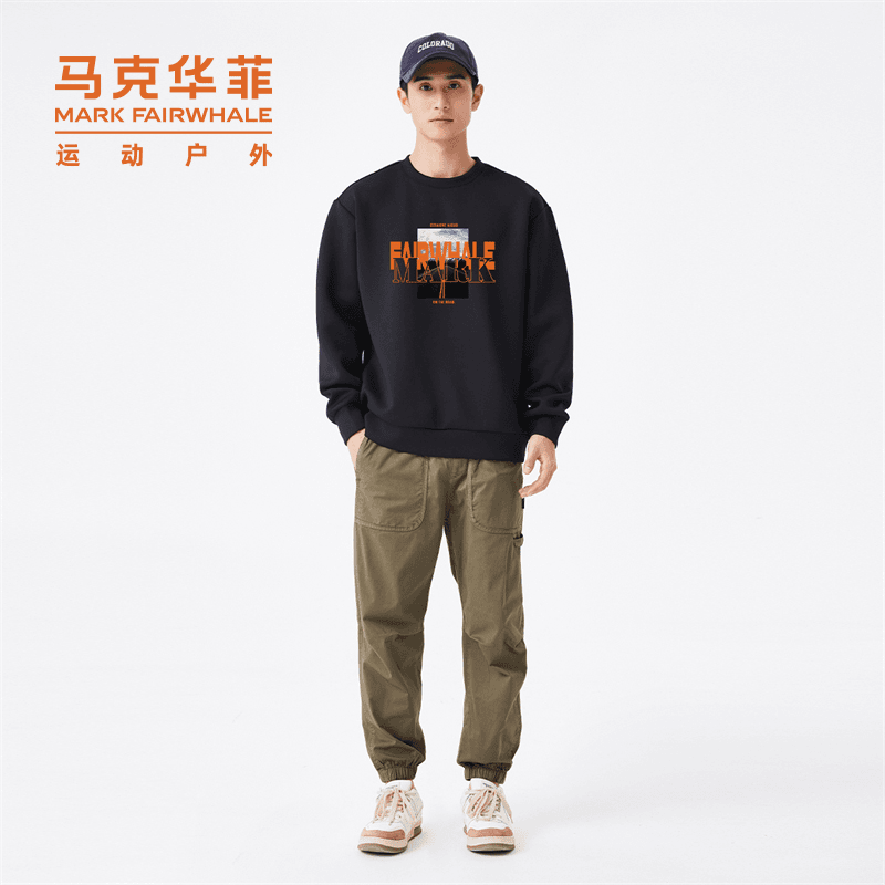 马克华菲卫衣印花圆领男士时尚加绒卫衣上衣长袖运动休闲情侣宽松