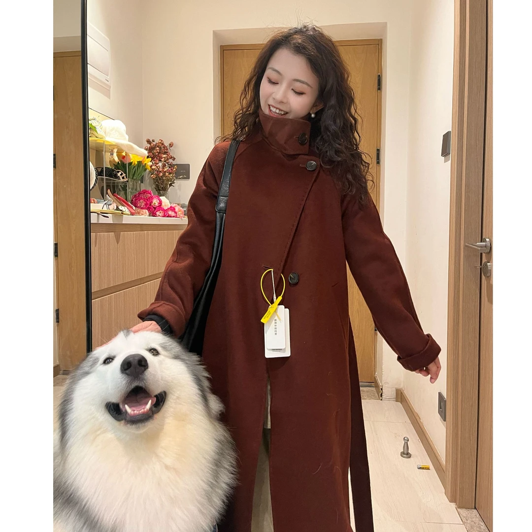 【饭饭专属】韩系双面时尚气质立领中长款女绵羊毛外套大衣【260】