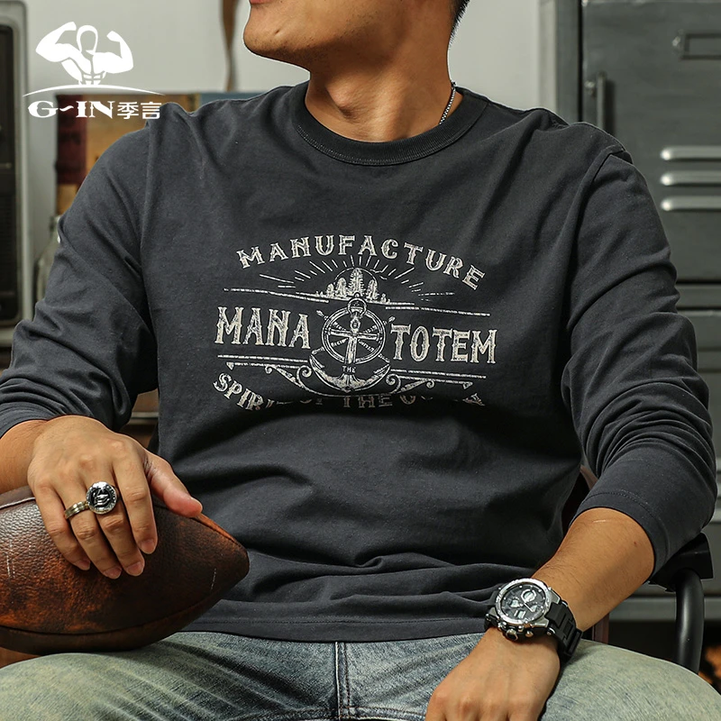 季言男士长袖t恤春秋复古纯棉圆领船锚印花今年流行美式打底衫男