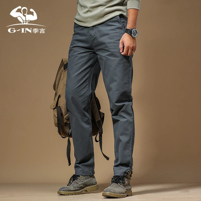 季言男士高端品牌休闲裤新款春秋款纯棉直筒纯色百搭长裤子男工装