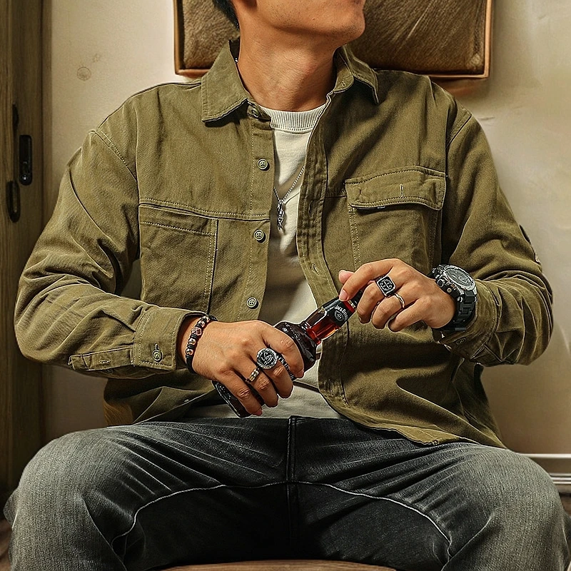 季言重磅工装衬衫式夹克外套男春秋季纯棉翻领 美式复古痞帅上衣