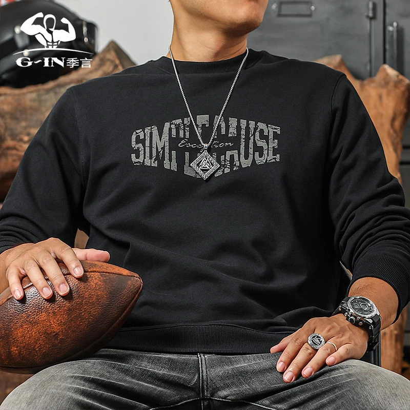 季言340G重磅卫衣男2025新款春秋款纯棉美式复古圆领印花长袖上衣