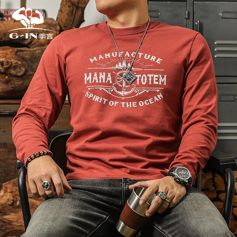 季言男士纯棉长袖t恤潮牌 美式复古圆领印花内搭上衣休闲打底衫潮