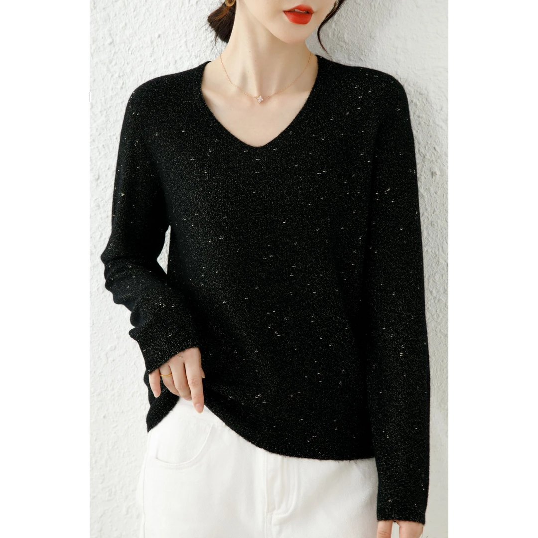 女式金豆V领绵羊毛针织衫24DAK0667