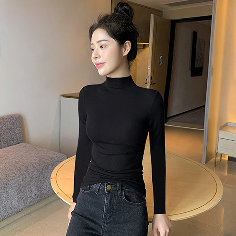 黑色半高领打底衫女2025新款秋冬季内搭秋衣针织螺纹修身长袖上衣
