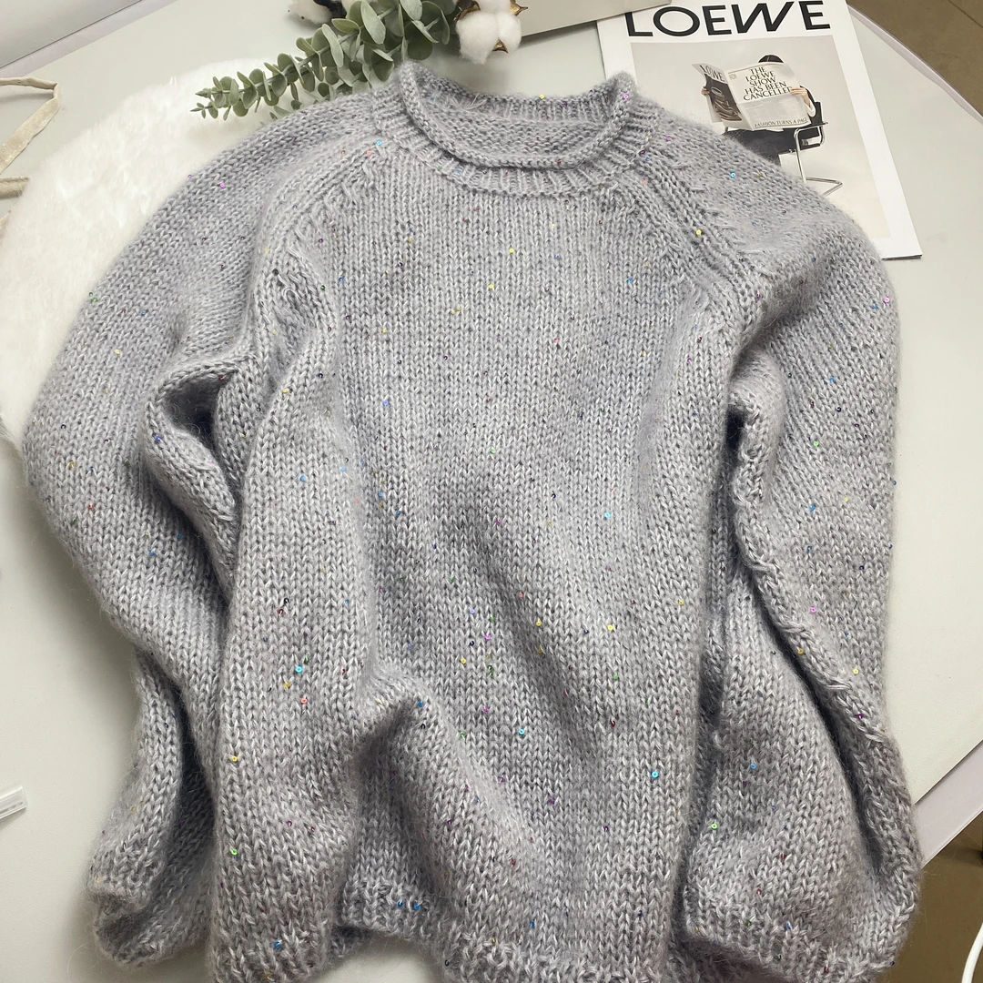 【杨杨手工】 彩意亮片浣熊马海手工棒针毛衣编织 从下往上套头圆领