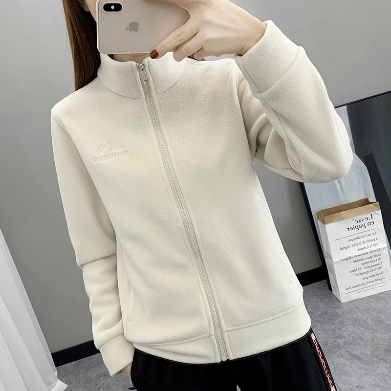 LOGO定制户外抓绒衣加绒上衣外套女开衫加厚保暖立领双摇粒绒卫衣