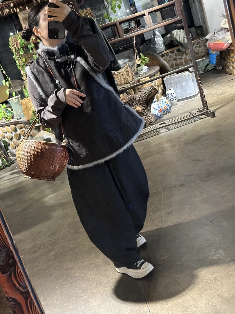 香云纱双宫老料驼绒夹棉斜襟马甲3989