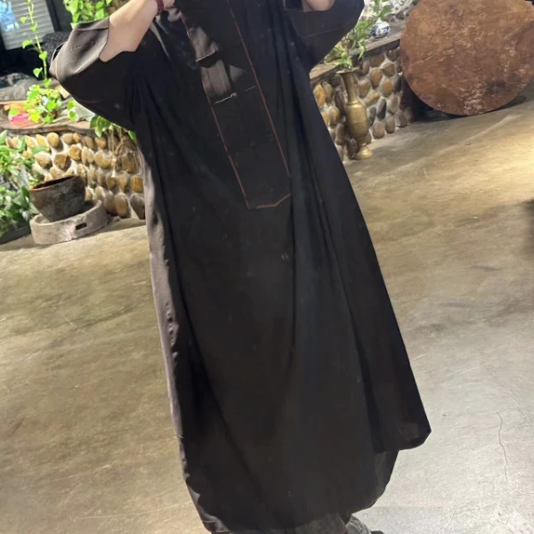 Ma huan xi/麻欢喜江掌柜香云纱老料扎染袍子长裙黑色宽松中长款