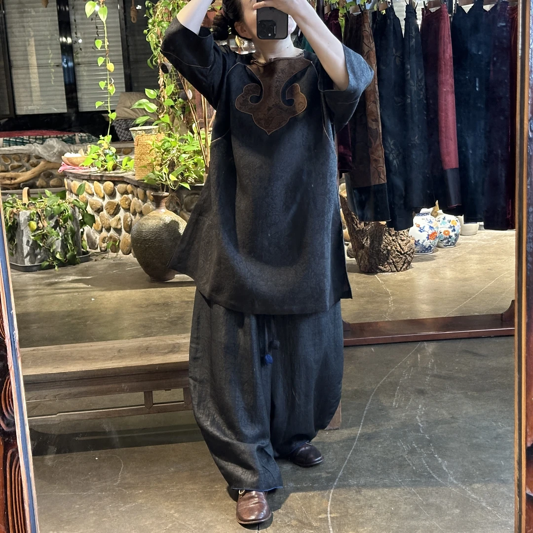 Ma huan xi/麻欢喜江掌柜私人定制短款老料萝黑色如意襟太太服