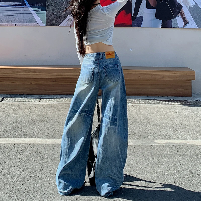 浅色美式复古阔腿弯刀裤牛仔裤女2025年秋季新款高腰显瘦镰刀裤子