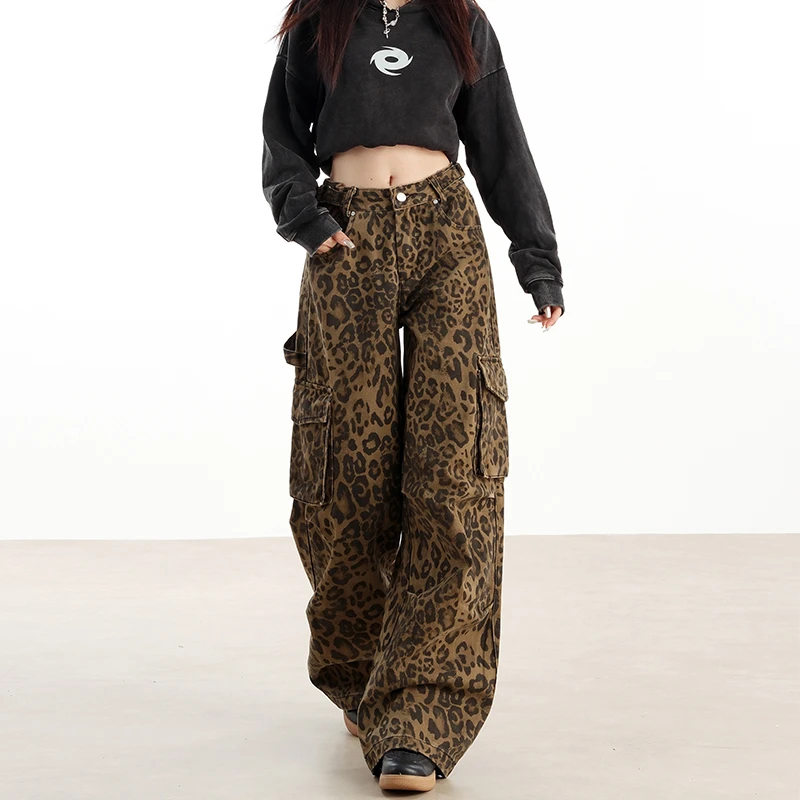 豹纹工装阔腿裤女秋装2025新款美式复古高街宽松休闲直筒牛仔裤子
