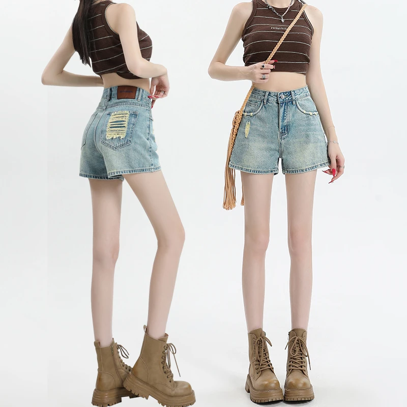 磨破牛仔短裤女夏季2025年新款宽松小个子高腰显瘦a字阔腿裤热裤
