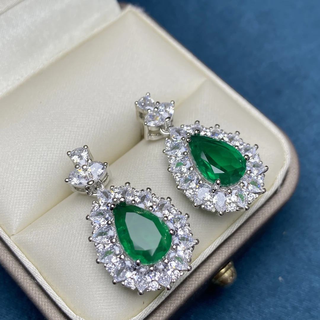 培育祖母绿 大气绿色水滴形耳钉4077