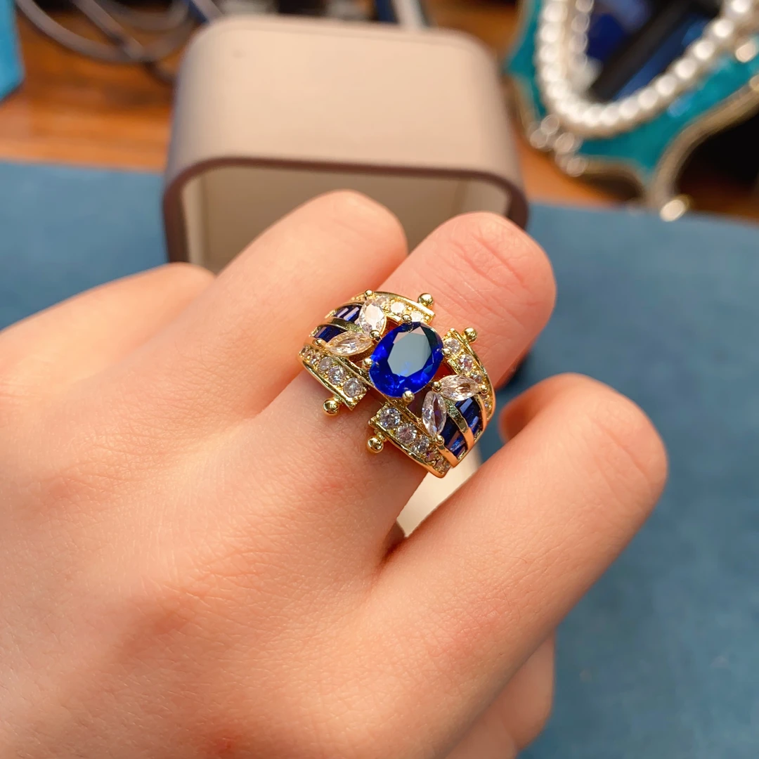 培育蓝宝石 蓝色中古时尚戒指3034