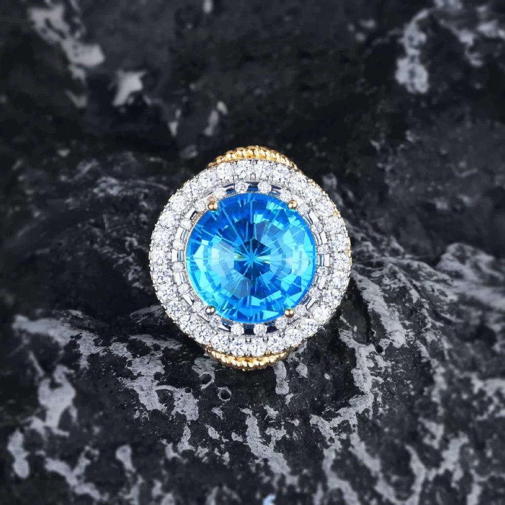 培育海蓝宝石 蓝色时尚款大蛋面戒指9040