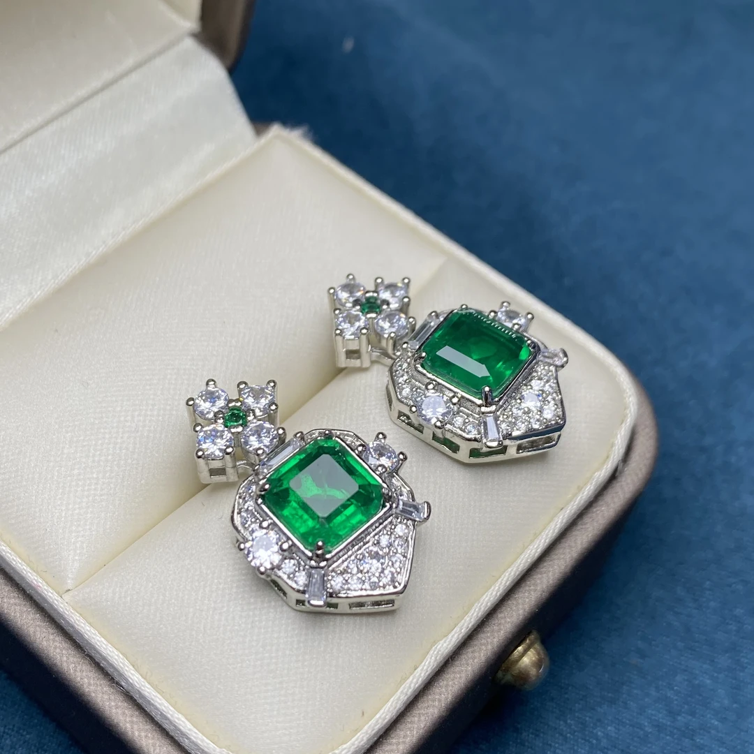 培育祖母绿 正方形绿色轻奢气质耳钉4075