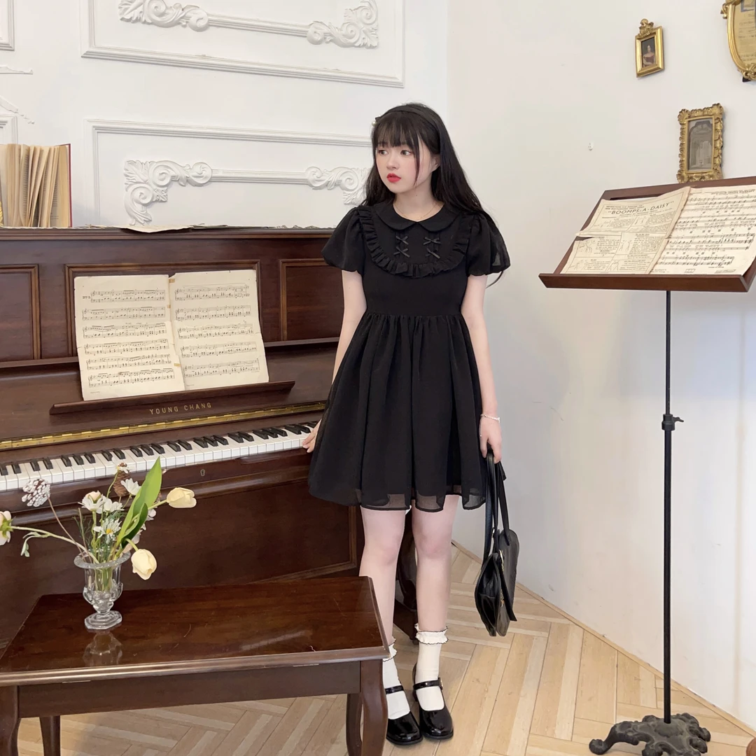 鹿大仙小星河少女泡泡袖黑色公主连衣裙小黑裙