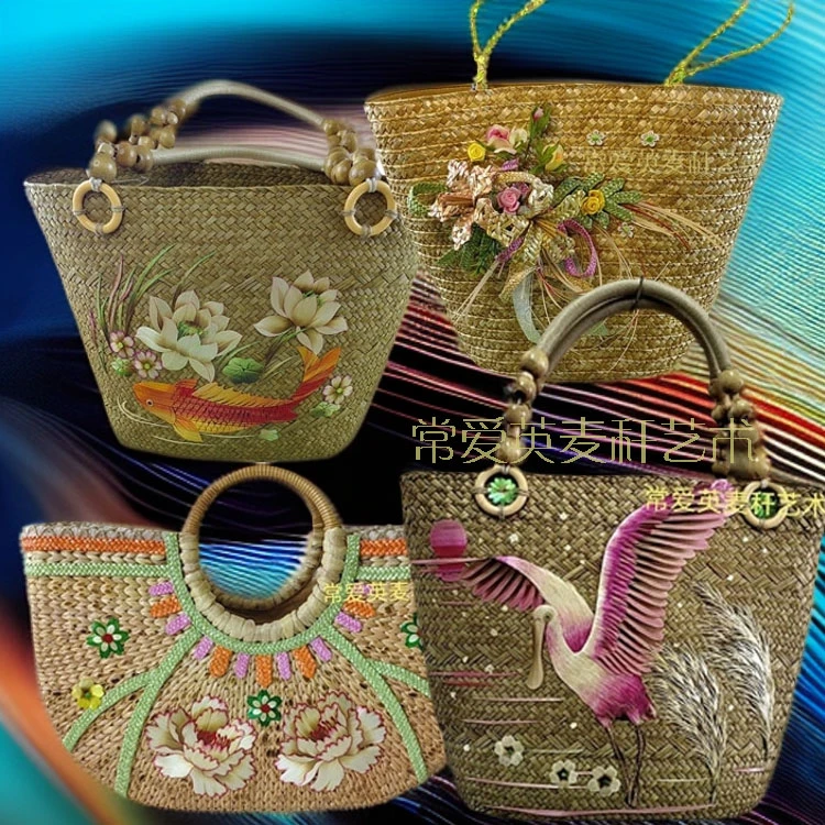 手工艺品麦秆画藤编手提包家用纯手工编织时尚创意中式田园浪漫风