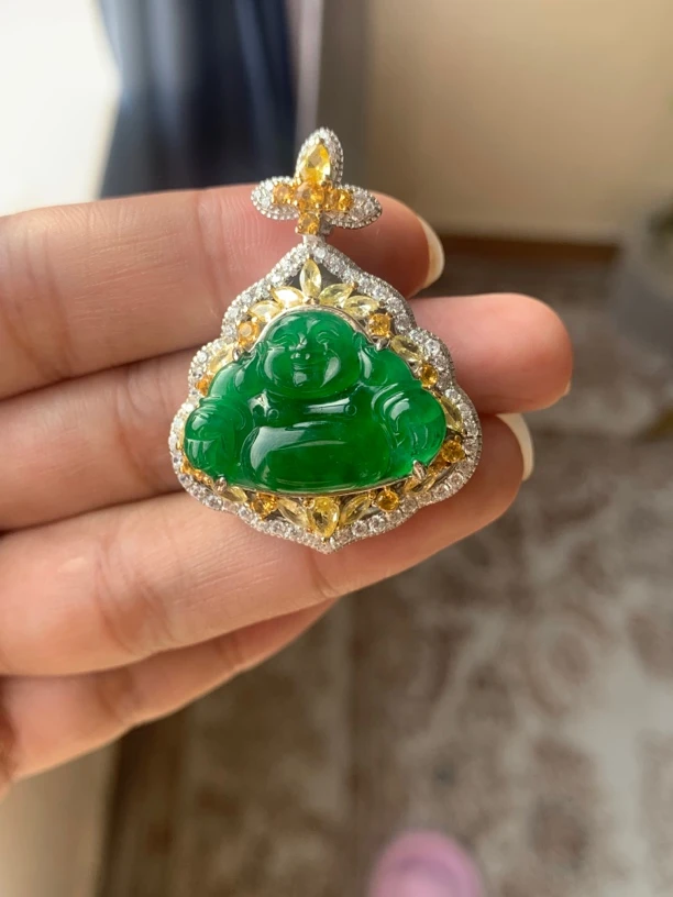 天然a货翡翠满色胶感佛公吊坠s925