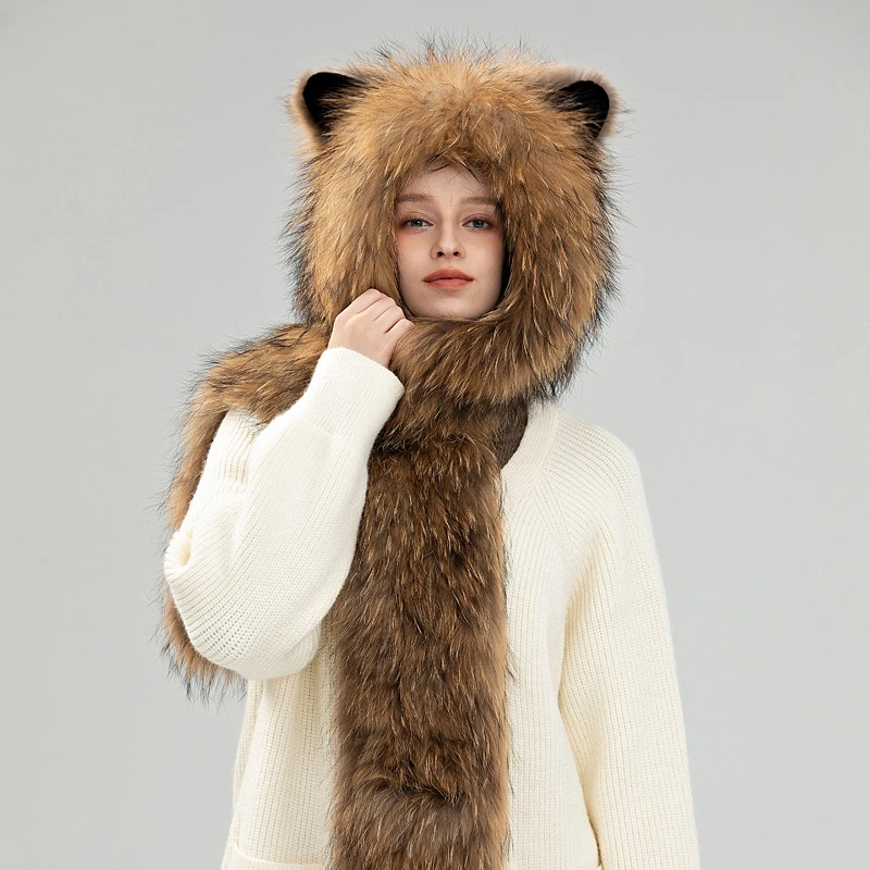 狐狸毛风雪帽女冬季保暖围巾帽子一体皮草帽双面真毛小熊耳朵减龄