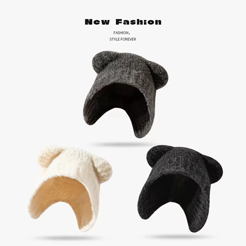 加绒甜美可爱小熊毛绒帽子冬季校园风保暖百搭针织护耳帽韩版加绒
