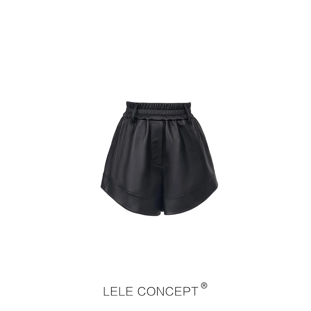 【LELE】新款皮筋腰皮短裤显瘦显腿长时尚百搭休闲高腰简约K0130