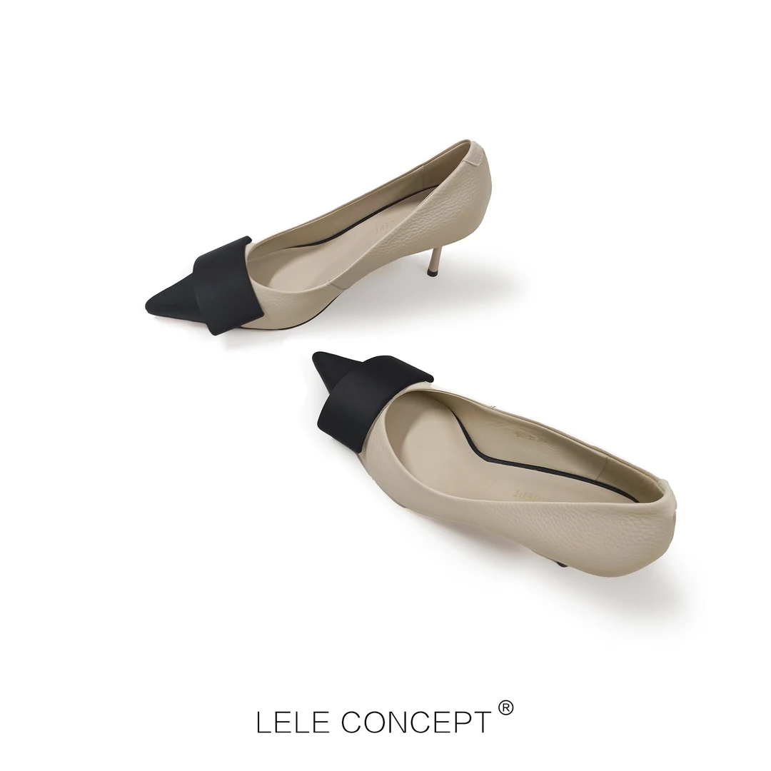 【LELE】时尚气质尖头舒适通勤百搭法式细跟款方框拼色高跟鞋X0074