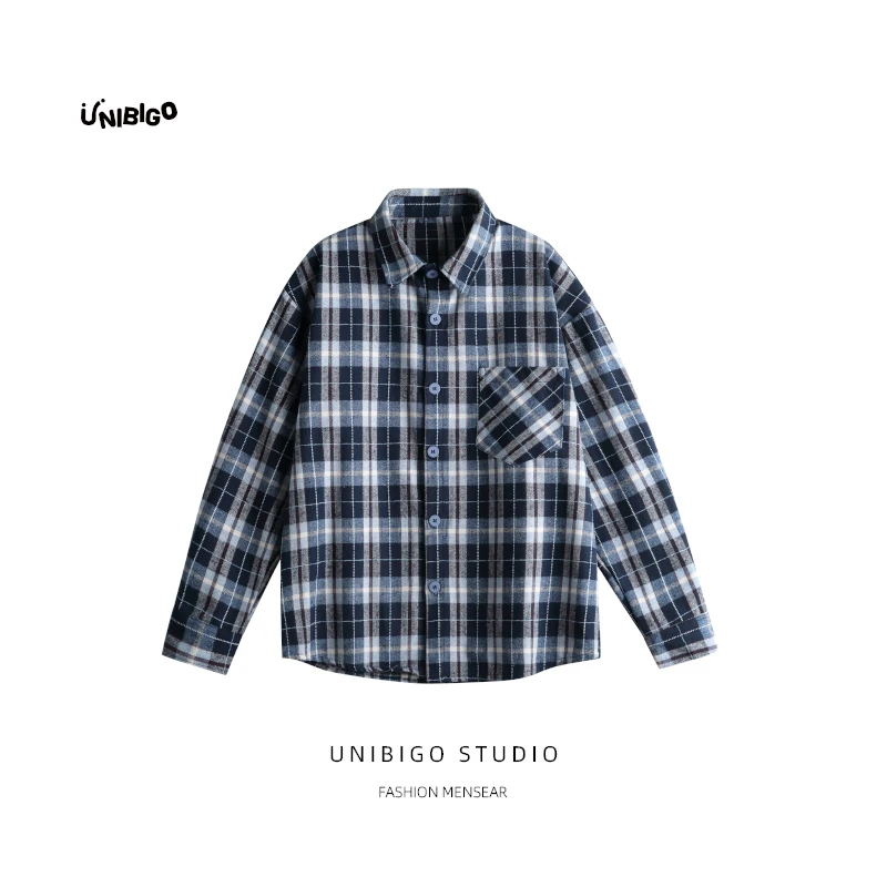 矮胖男生秋季新款格长袖休闲百搭复古宽松衬衣潮流日系翻领衬衫