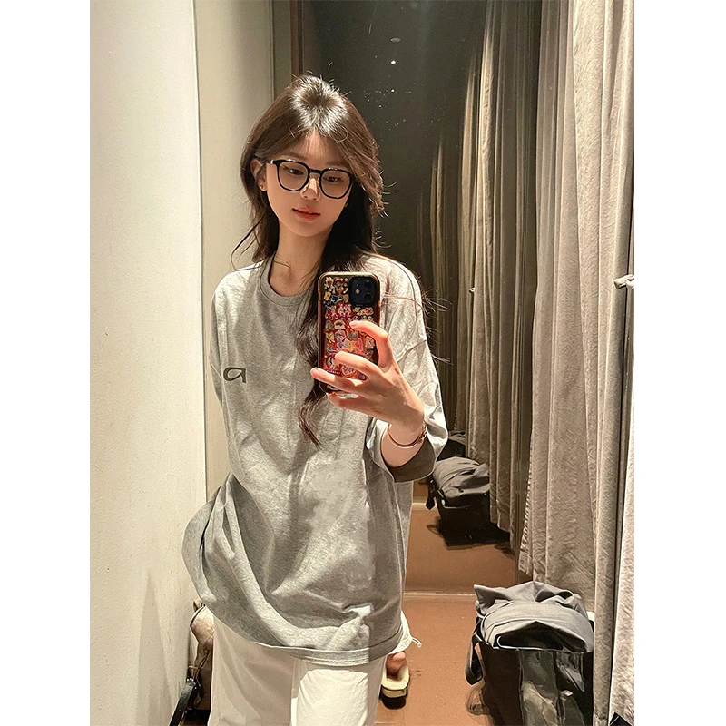 美式复古浅灰色t恤女夏季纯棉短袖设计感小众国潮牌宽松印花上衣