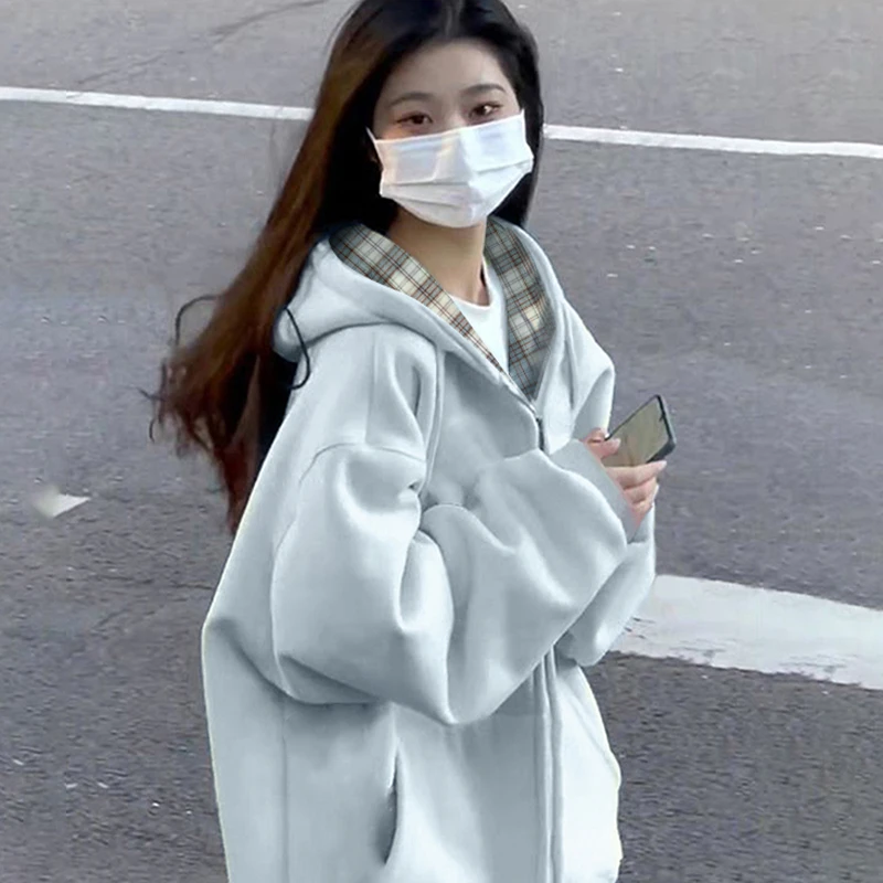 开衫卫衣外套女2025年爆款秋冬加绒拼接格子设计感慵懒风连帽宽松