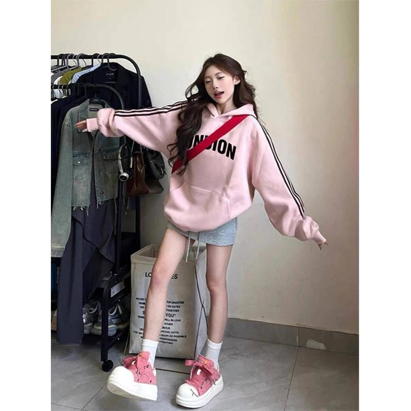 美式国潮牌插肩三条杠连帽卫衣女秋冬季新款宽松休闲显白上衣外套