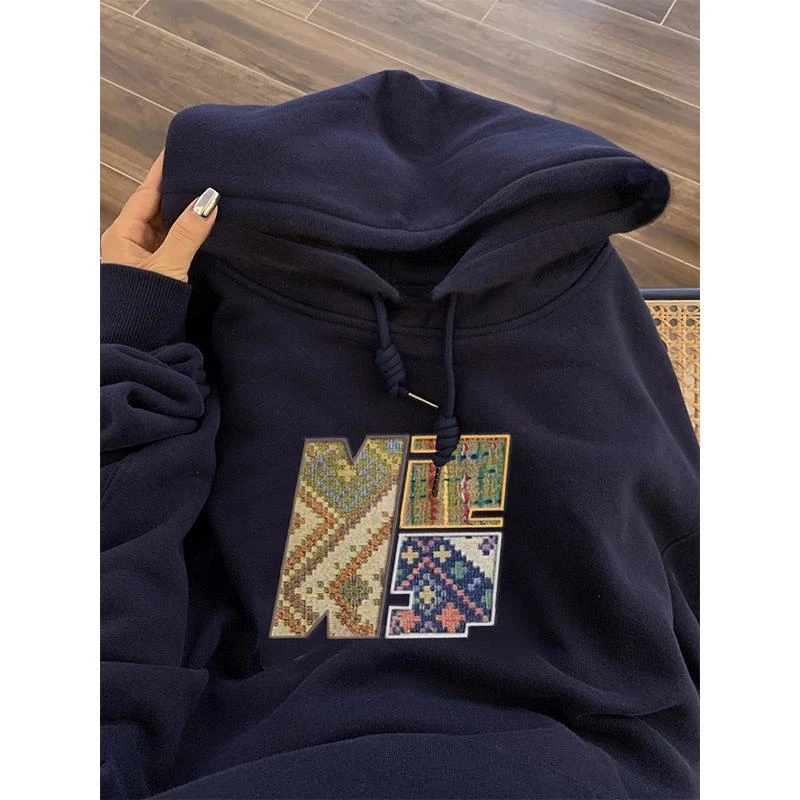 2025新款早秋藏青色连帽卫衣上衣学生百搭设计感小众宽松美式外套