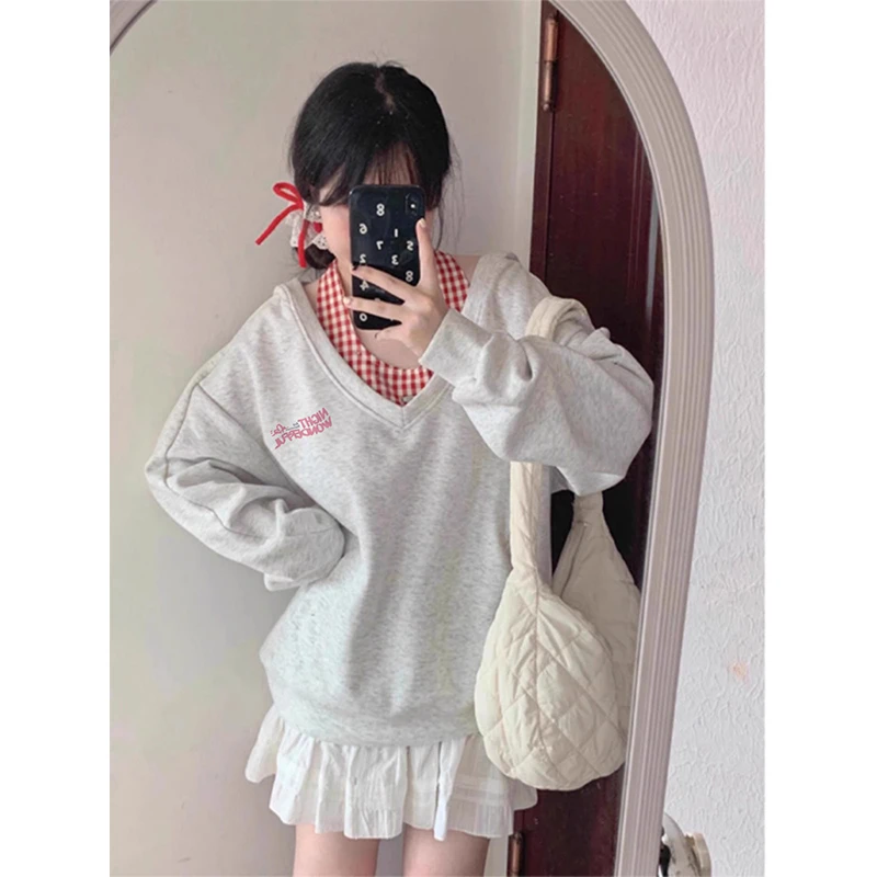 春秋季薄款灰色长袖连帽卫衣女格子背心两件套时尚百搭休闲风上衣