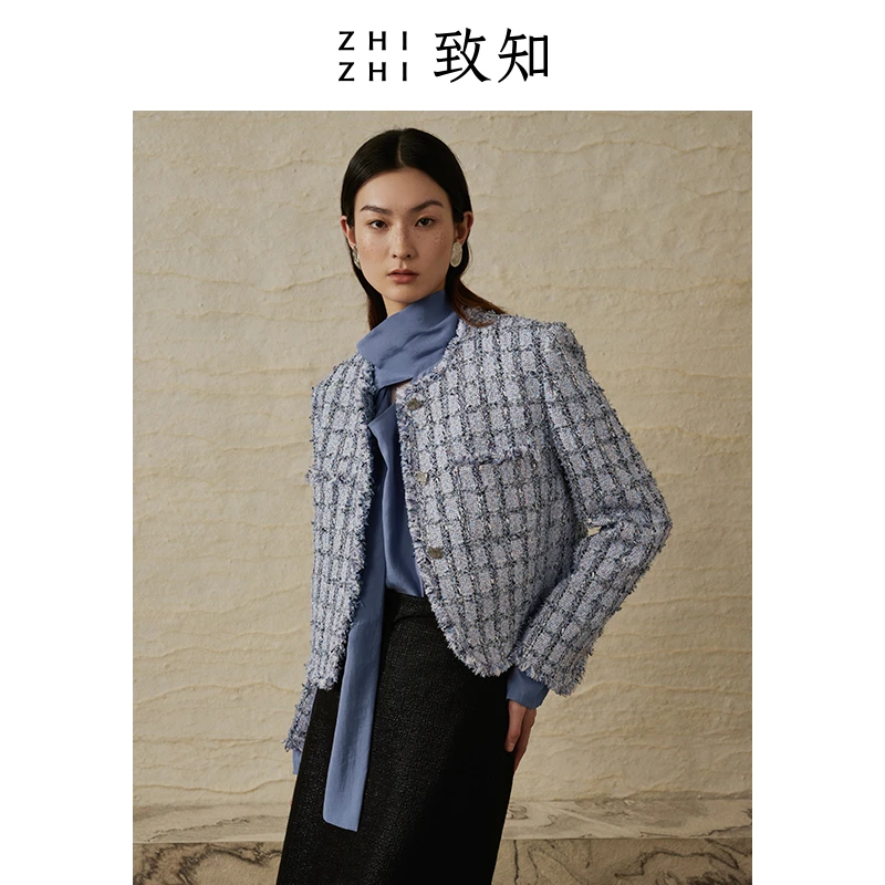 致知 绮窗云 小香风外套春季新亮丝粗花呢格雷系穿搭ZZ2CAWJ8012