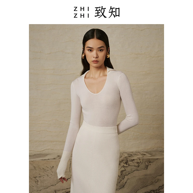 致知 莺穿柳 针织上衣2023秋季长袖绒感拼接纤云衫ZZ2CAKZ5004