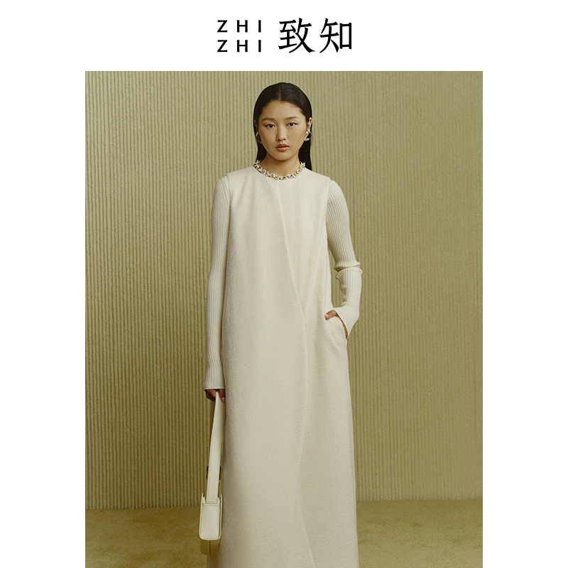 【超姐专属】曲玉 毛呢连衣裙女2023冬季不对称精梳针织ZZ2CWWL2059